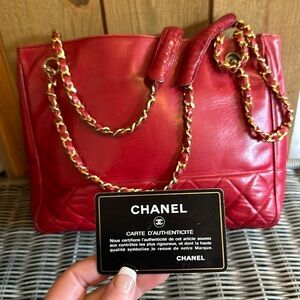 Vintage Chanel red lamb skin shoulder bag with 24k gold plated straps